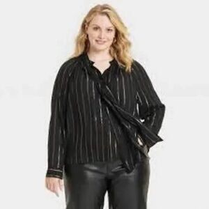 Target NWT Universal Thread XXL Blouse Top Black Striped Tie Neck Long Sleeve